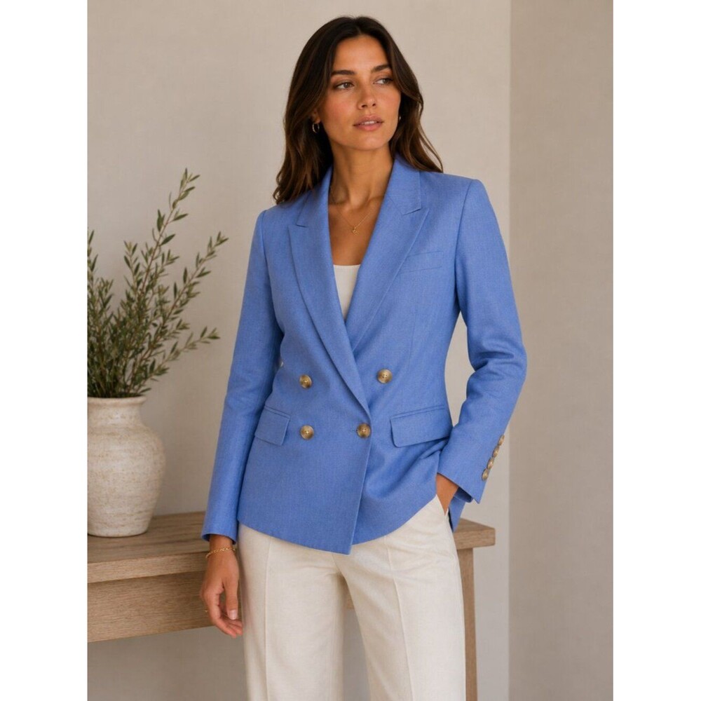 NWT Elie Tahari Linen Blend Double Breasted Blazer Blue Button Jacket Size 6